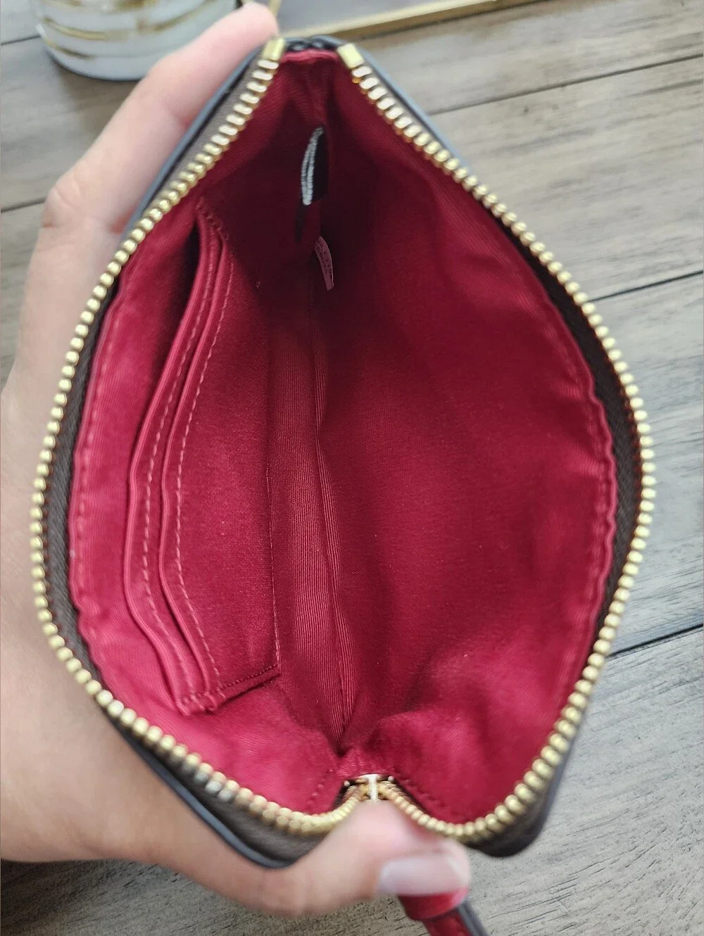 Coach Signature Canvas Wristlet in Brown and Red
